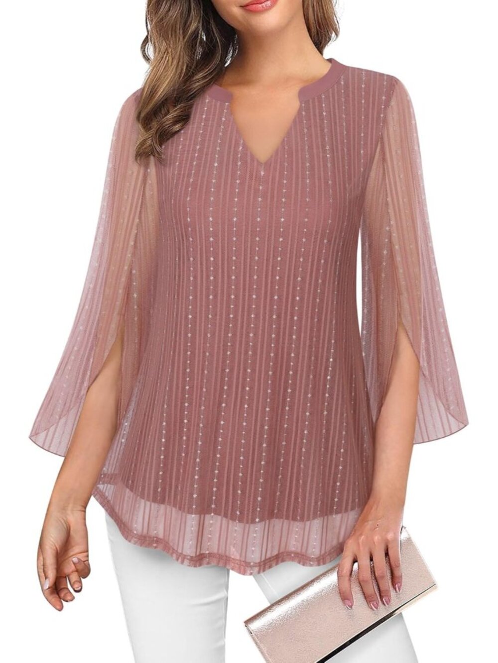VALOLIA Women's Tops Pink 3/4 Sleeve Floral V Neck Double Layers Mesh Blouses
